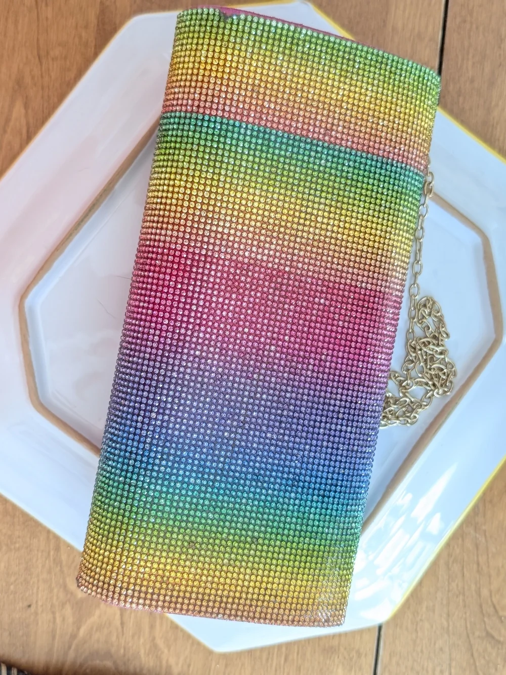 Boutique Rainbow Rhinestone Crystal Clutch Bag Gold Chain Crossbody